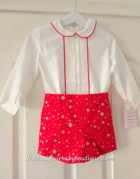 Sonata Infantil AW25 Spanish Baby Boys Red Star Print Christmas Short Set NA2505 ~ 24m ~ IN STOCK NOW