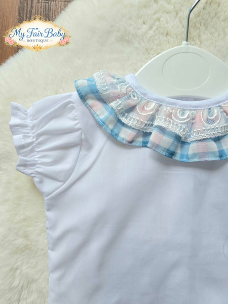 Spanish Baby Girls Blue & Pink Check Ruffled Romper M002 ~ 3-36m