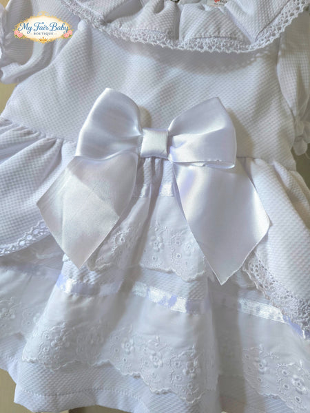 Spanish Baby Girls White Waffle Bow & Lace Dress ~ 3-36m