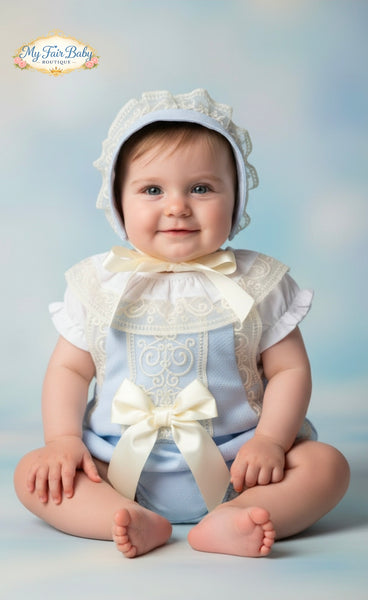 Spanish Baby Girls Blue & Cream Lace Romper Set ~ 12-36m