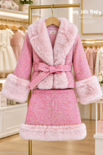 Traditional Girls Pink Fur Trimmed Boucle Jacket & Skirt Set ~ 5-13y