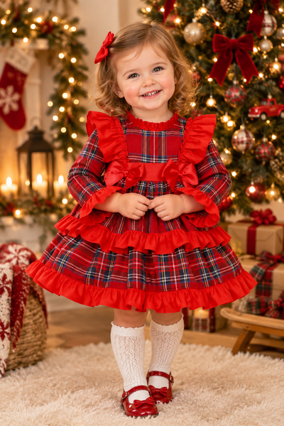 Spanish Girls Red Frilly Tartan Christmas Dress ~ 12-36m