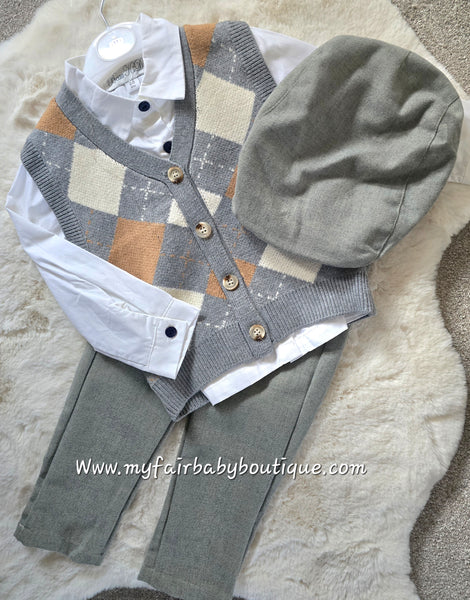 Beau Kid Traditional Boys Grey Argyle Tank Top 4pc Set 2817