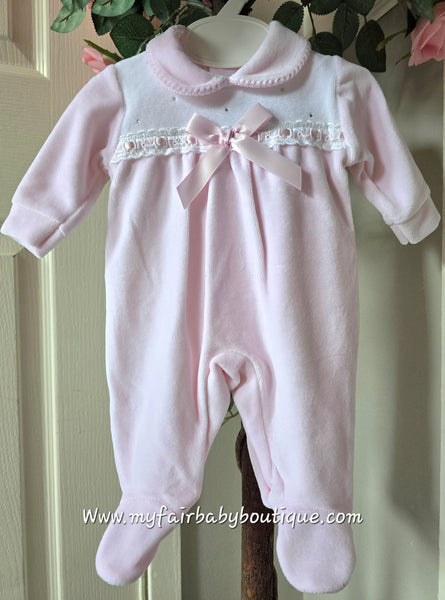 Spanish Baby Girls Pink Bow & Diamante Velour Sleepsuit/Babygrow ~ 6m