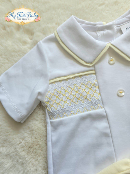 Spanish Baby Boys White & Lemon Smocked Cotton Short Set ~ 1-18m