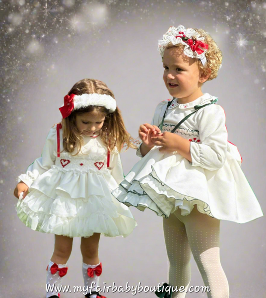 Sonata Infantil AW25 Spanish Girls White & Green Velvet Smocked Puffball Dress IN2510 ~ MADE TO ORDER