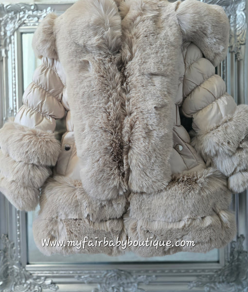 Girls Beige Hooded Fur Puffer Coat/Jacket - 1-6y