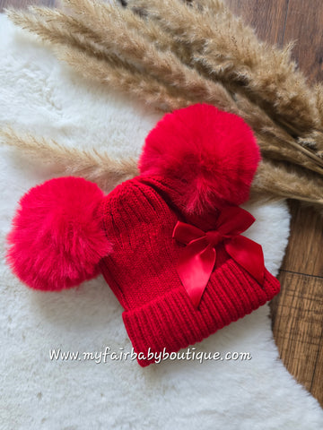 Baby Girls Red Fur Double Pom Pom & Bow Hat - 0-6m