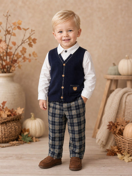Beau Kid Traditional Boys Navy Check Trouser 3pc Set 2821