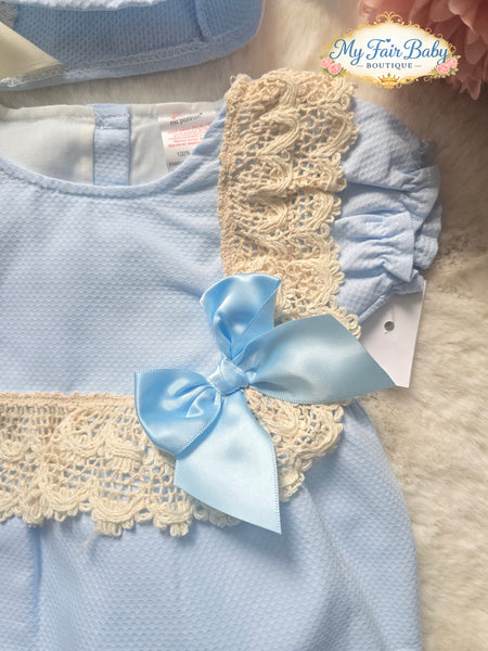 Spanish Baby Girls Blue Pique Romper & Bonnet Set M002B ~ 3-36m