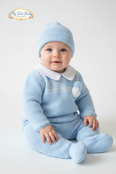 Spanish Baby Boys Blue Knitted 3pc Set ~ 0-3m