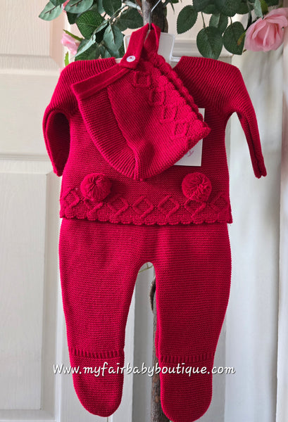 Spanish Unisex Baby Red Knitted Pom Pom 3pc Trouser Set C1003 ~ NB-12m