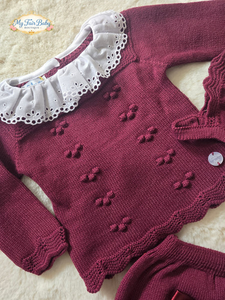 Spanish Baby Girls Burgundy Knitted 3pc Jam Pant Set