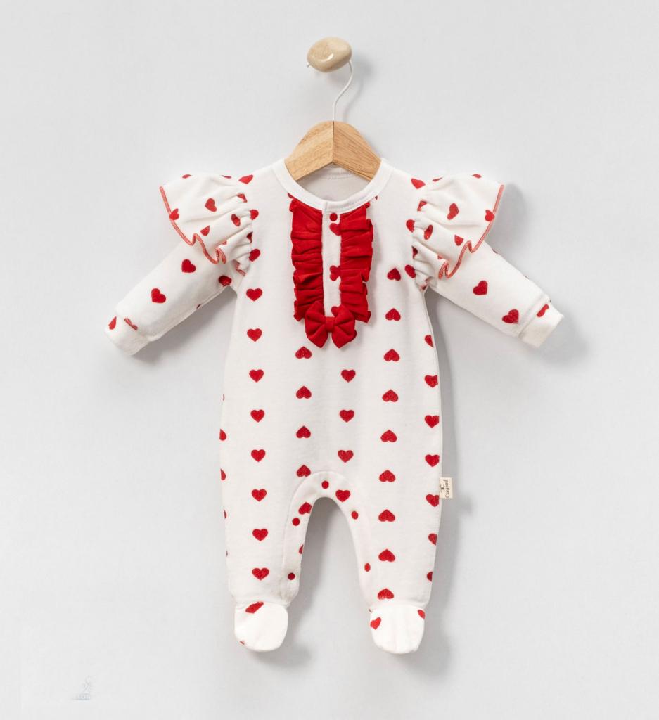 Baby Girls Red Frilly Love Heart Velour Sleepsuit/ Babygrow ~ 0-9m