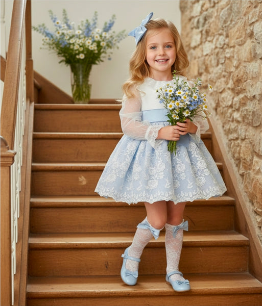 Sonata Spanish Girls Blue & White Lace Puffball Dress VE2622 - MADE TO ORDER