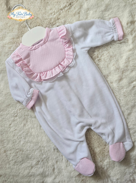 Spanish Baby Girls White & Pink Frill Velour Sleepsuit/Babygrow ~ NB-6m