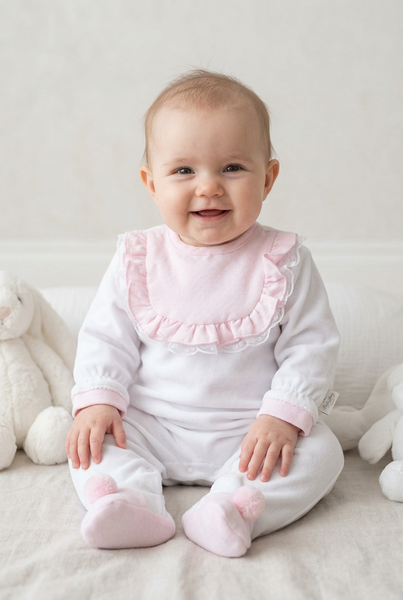 Spanish Baby Girls White & Pink Frill Velour Sleepsuit/Babygrow ~ 1-6m