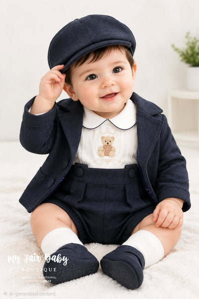 Beau Kid Traditional Baby Boys Navy Teddy Jacket & Cap ~ 0-24m