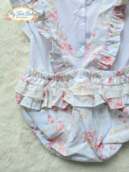 Spanish Baby Girls White & Pink Floral Romper Set M002W ~ 6-36m