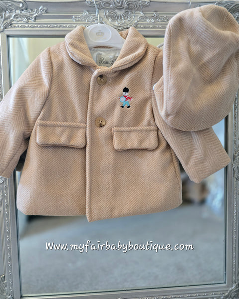 Beau Kid Traditional Baby Boys Camel Herringbone Jacket & Cap Set