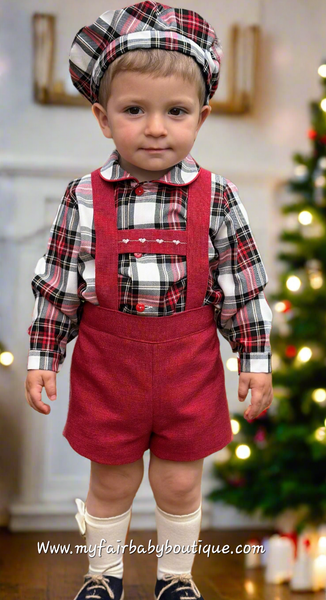 Sonata Infantil AW25 Spanish Baby Boys Red Dungaree & Tartan Shirt Set IN2507 - MADE TO ORDER