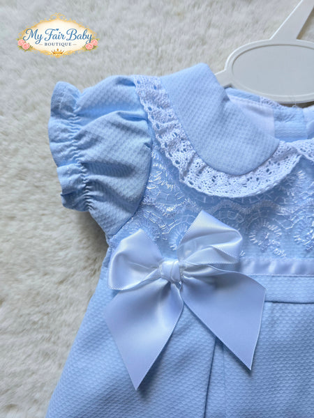 Spanish Baby Girls Blue Pique Pleated Dress V004B