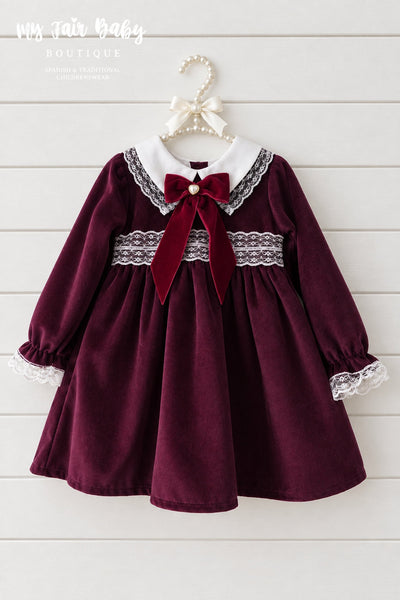 Spanish Girls Burgundy Velvet Lace Trimmed Bow Dress ~ 1-5y