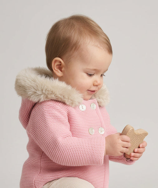 Traditional Baby Girls Dusky Pink Fur Trimmed Knitted Jacket