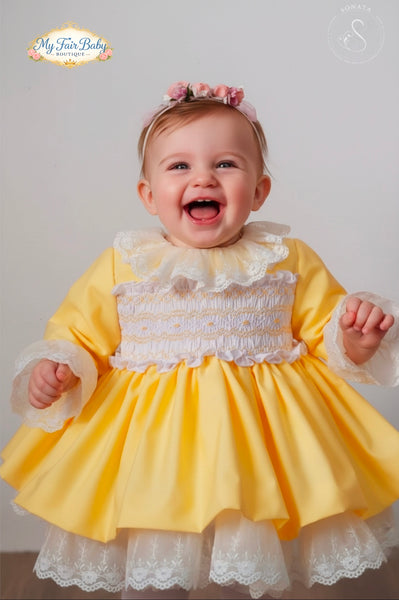 Sonata Infantil Spanish Girls Yellow Smocked Puffball Dress M116 - MADE TO ORDER
