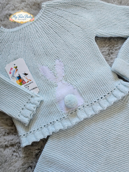 Spanish Creaciones Gavidia Baby Boys Blue & White Knitted Bunny 3pc Set 7219