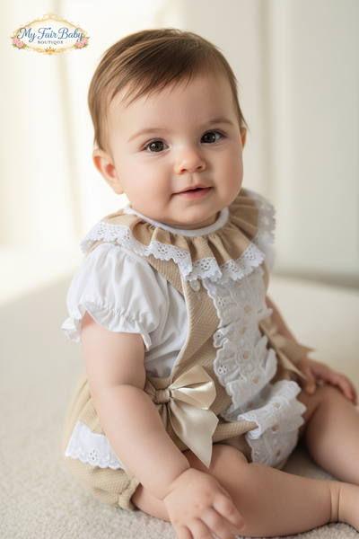Spanish Baby Girls Camel Waffle Romper