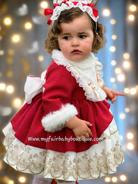 Sonata Infantil AW25 Spanish Girls Red & Gold Lace Christmas Puffball Dress IN2512 ~ MADE TO ORDER