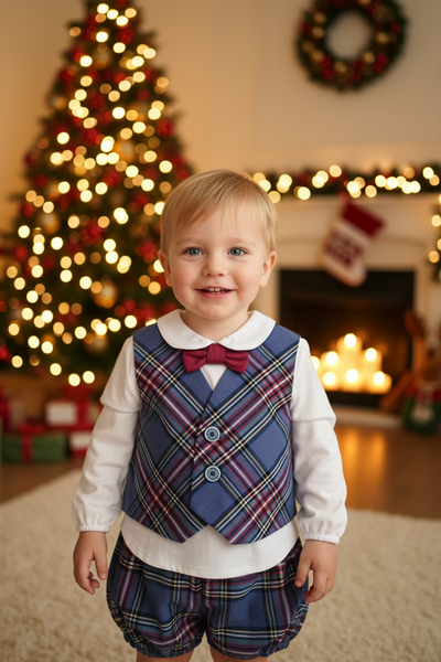 Spanish Baby Boys Plaid Mock Waistcoat 2pc Set