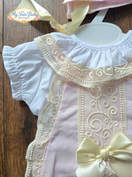 Spanish Baby Girls Pink & Cream Lace Romper Set
