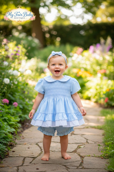 Mabini Baby Girls Traditional Blue Smocked Cotton Dress Set 2513 - 0-6y