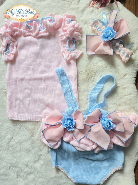 Ela Confeccion SS26 Girls Blue & Cream Knitted Romper - MADE TO ORDER