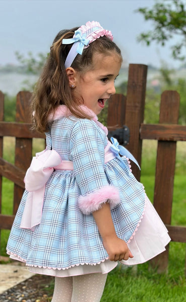 Sonata Infantil AW25 Spanish Girls Blue & Pink Check Puffball Dress IN2519 ~ MADE TO ORDER