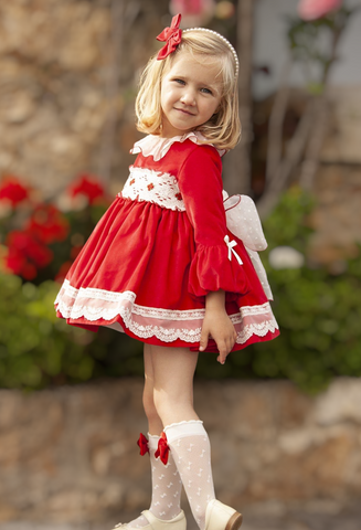 Sonata Infantil Spanish Girls Red Smocked Puffball Dress & Hairclip IN2343 - 3 Years ~ IN STOCK NOW