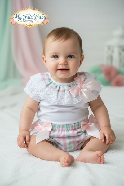 Spanish Baby Girls Pink & Green Check Jam Pants Set ~ 3-36m