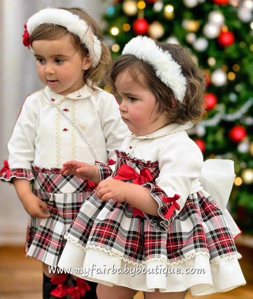 Sonata Infantil AW25 Spanish Girls Ivory Velvet & Red Plaid Christmas Puffball Dress IN2503 ~ MADE TO ORDER