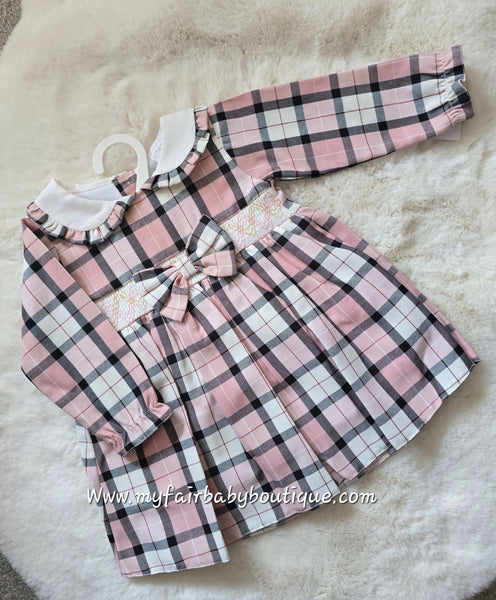 Spanish Baby Girls Pink & Grey Tartan Smocked Dress PO10