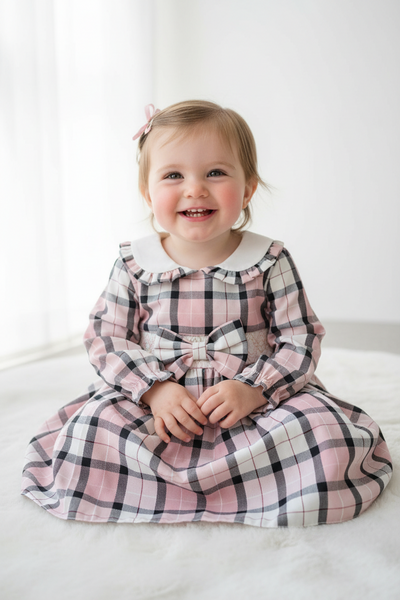Spanish Baby Girls Pink & Grey Tartan Smocked Dress PO10