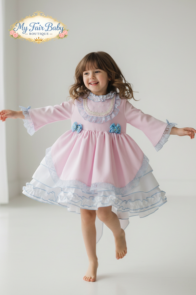 Sonata Infantil Spanish Girls Pink & Blue Velvet Puffball Dress - MADE TO ORDER