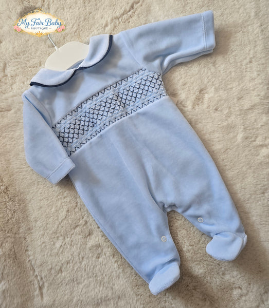 Spanish Baby Boys Blue Smocked Velour Sleepsuit/Babygrow