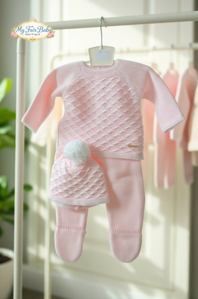 Spanish Baby Girls Pink & White Knitted Lattice 3PC Set C7005 - 1-6m