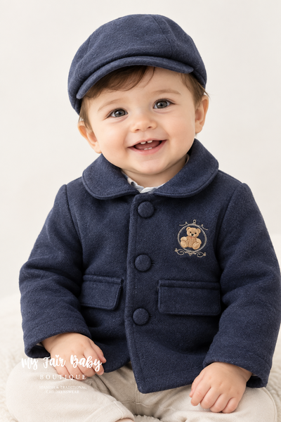 Beau Kid Traditional Baby Boys Navy Teddy Jacket & Cap ~ 0-24m
