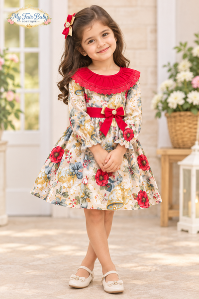 Traditional Girls Red Printed Christmas Dress ~ 1-6y