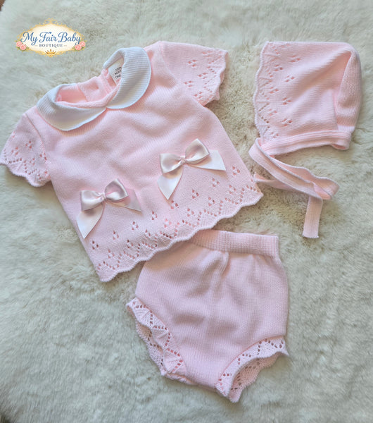 Spanish Baby Girls Pink Knitted Jam Pant 3pc Set ~ 0-3m