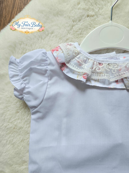 Spanish Baby Girls White & Pink Floral Romper Set M002W ~ 6-36m