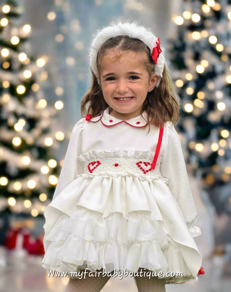Sonata Infantil AW25 Spanish Girls White Velvet Heart Smocked Puffball Dress IN2507 ~ MADE TO ORDER
